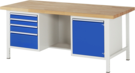 RAU Höhenverstellbare Werkbank Serie 8000, 4 Schubladen, 1 Schrank, RAL7035 Lichtgrau/RAL5010 Enzianblau