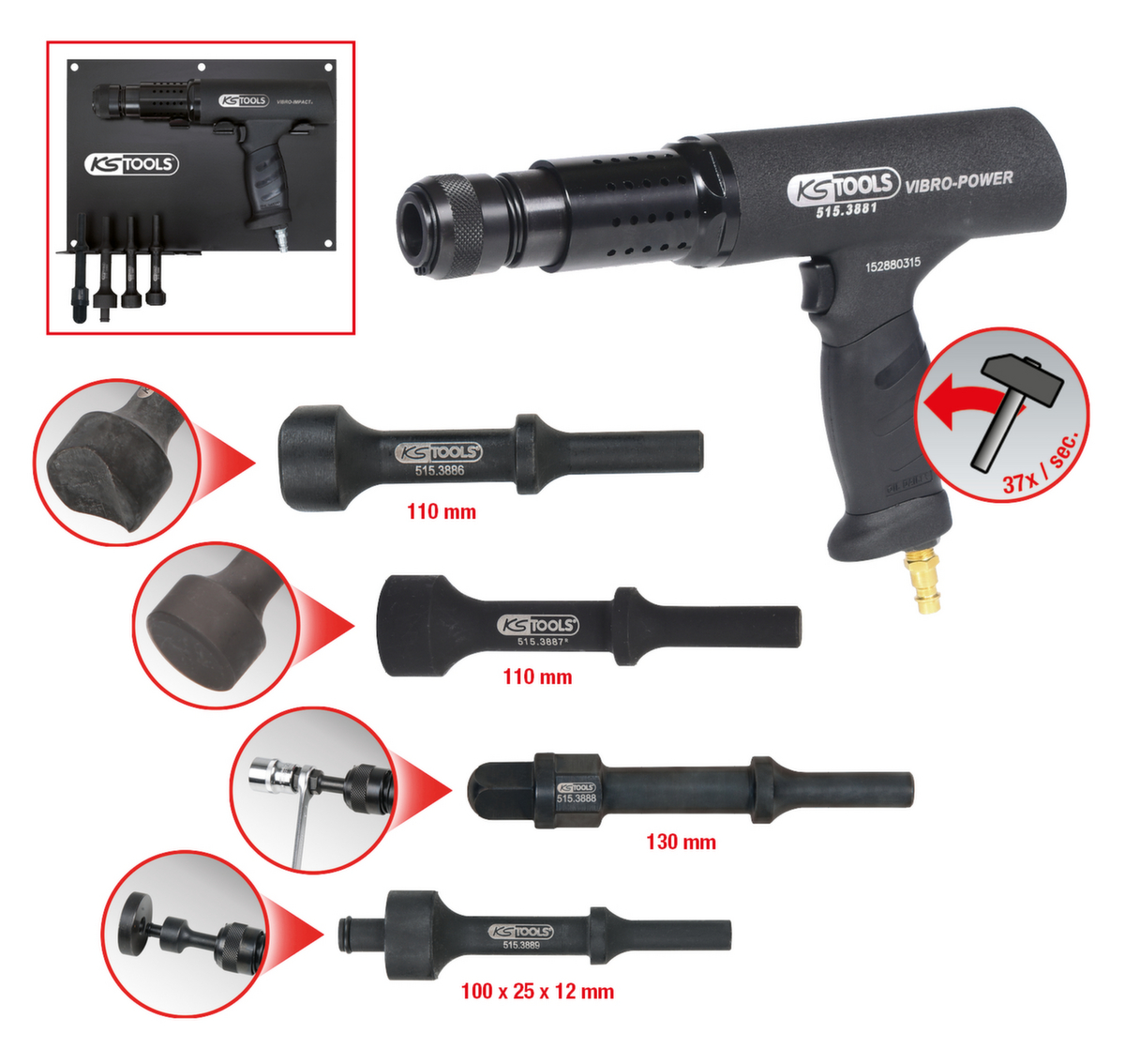 KS Tools Vibro-Impact Druckluft-Meißelhammer-Satz Standard 2 ZOOM