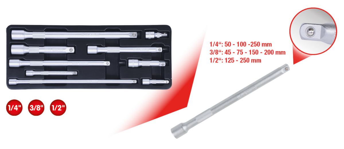 KS Tools 1/4"+3/8"+1/2" Verlängerungs-Satz Standard 2 ZOOM