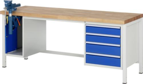 RAU Höhenverstellbare Werkbank Serie 8000 mit Schraubstock, 4 Schubladen, 1 Schrank, 1 Schraubstock, RAL7035 Lichtgrau/RAL5010 Enzianblau