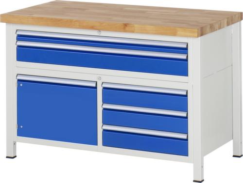 RAU Höhenverstellbare Werkbank Serie 8000, 5 Schubladen, 1 Schrank, RAL7035 Lichtgrau/RAL5010 Enzianblau