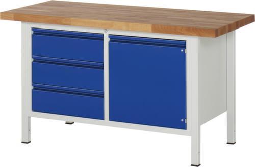 RAU Höhenverstellbare Werkbank Serie 8000 mit Bucheplatte, 3 Schubladen, 1 Schrank, 1 Ablageboden, RAL7035 Lichtgrau/RAL5010 Enzianblau